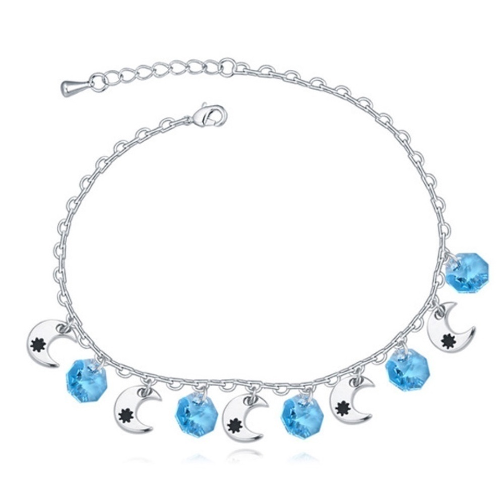 Crystal Moon Charm Anklet with Aqua Swarovski Crystals
